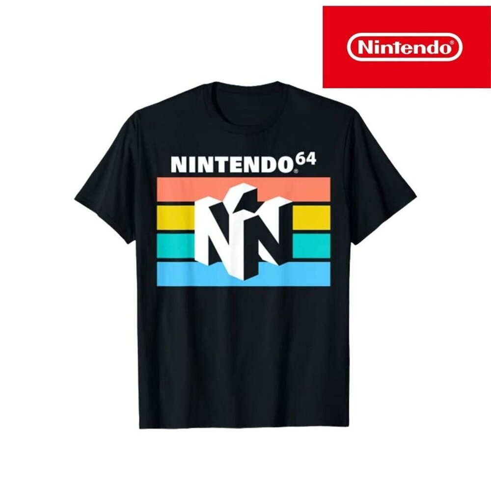 Nintendo Men's Graphic Tees Classic 64 Striped‎ 3D Logo Short